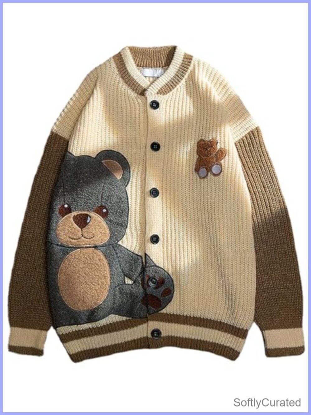 Womens Embroidered Bear Knit Cardigan Button Down Loose Varsity Sweater